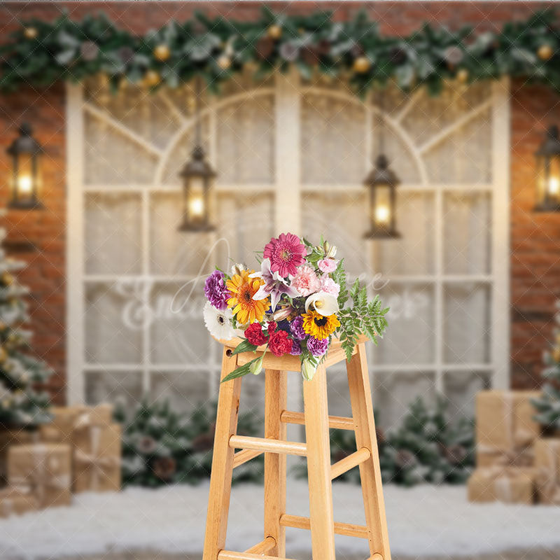 Aperturee - Aperturee Rustic Christmas Window Photography Backdrop Brick Wall with Flocked Trees Snowy Holiday Photo Background