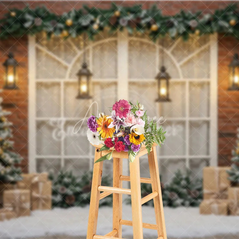 Aperturee - Aperturee Rustic Christmas Window Photography Backdrop Brick Wall with Flocked Trees Snowy Holiday Photo Background