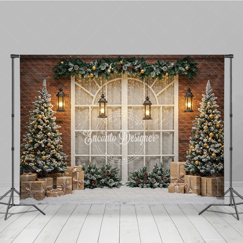 Aperturee - Aperturee Rustic Christmas Window Photography Backdrop Brick Wall with Flocked Trees Snowy Holiday Photo Background