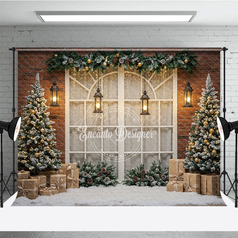 Aperturee - Aperturee Rustic Christmas Window Photography Backdrop Brick Wall with Flocked Trees Snowy Holiday Photo Background