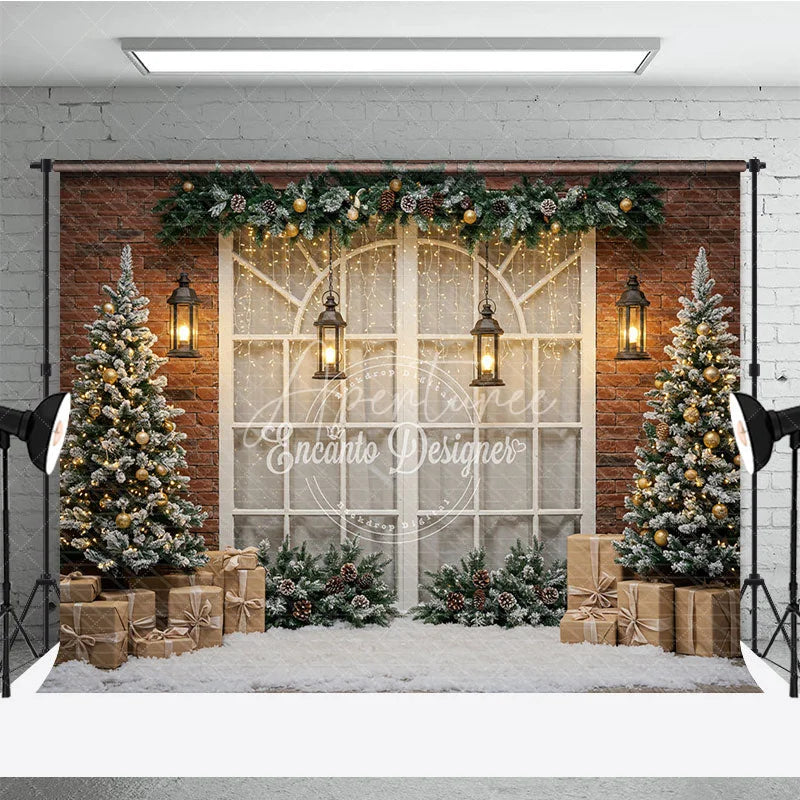 Aperturee - Aperturee Rustic Christmas Window Photography Backdrop Brick Wall with Flocked Trees Snowy Holiday Photo Background