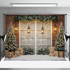 Aperturee - Aperturee Rustic Christmas Window Photography Backdrop Brick Wall with Flocked Trees Snowy Holiday Photo Background
