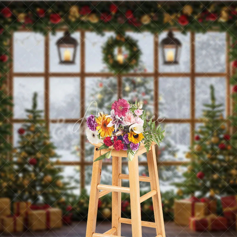 Aperturee - Aperturee Rustic Christmas Window Photography Backdrop Snowy View with Garland and Trees Holiday Mini Session Background
