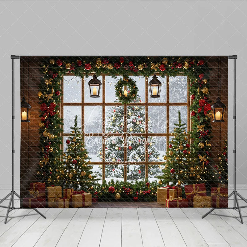 Aperturee - Aperturee Rustic Christmas Window Photography Backdrop Snowy View with Garland and Trees Holiday Mini Session Background