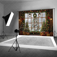 Aperturee - Aperturee Rustic Christmas Window Photography Backdrop Snowy View with Garland and Trees Holiday Mini Session Background