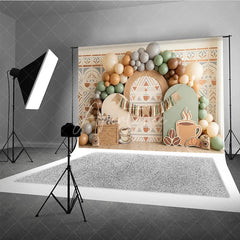 Aperturee - Aperturee Rustic Coffee Theme Photography Backdrop with Earthy Tones Balloons and Cafe Decor for Birthday Party