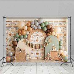 Aperturee - Aperturee Rustic Coffee Theme Photography Backdrop with Earthy Tones Balloons and Cafe Decor for Birthday Party