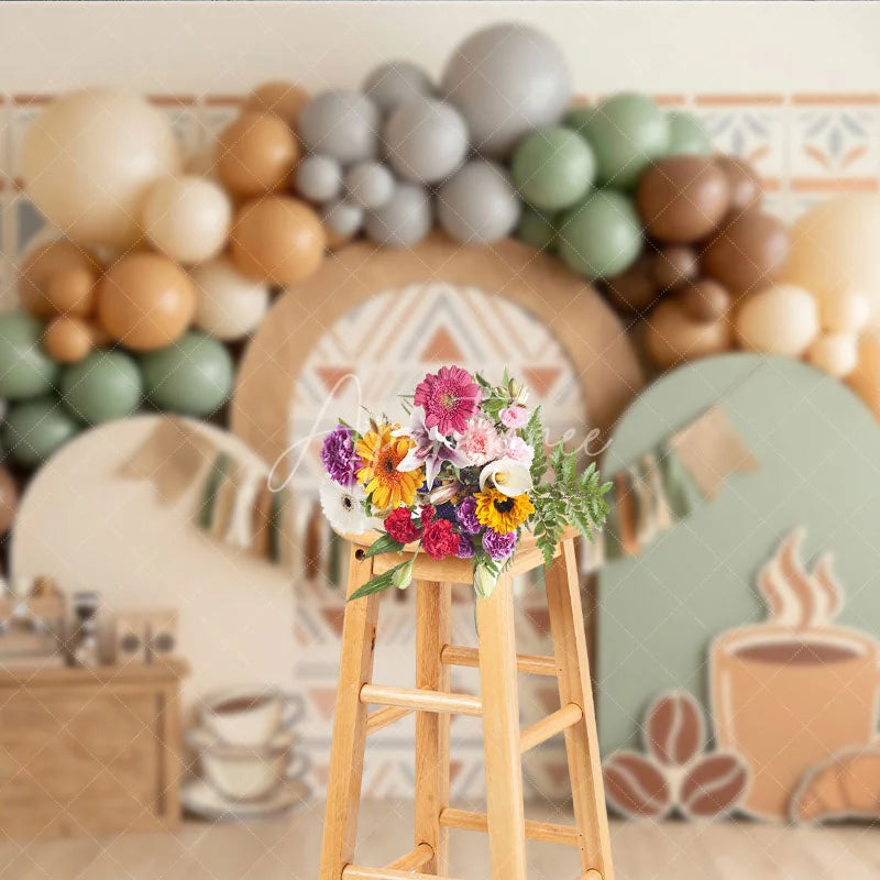 Aperturee - Aperturee Rustic Coffee Theme Photography Backdrop with Earthy Tones Balloons and Cafe Decor for Birthday Party