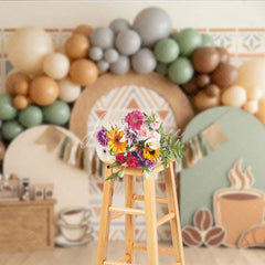 Aperturee - Aperturee Rustic Coffee Theme Photography Backdrop with Earthy Tones Balloons and Cafe Decor for Birthday Party