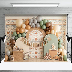Aperturee - Aperturee Rustic Coffee Theme Photography Backdrop with Earthy Tones Balloons and Cafe Decor for Birthday Party