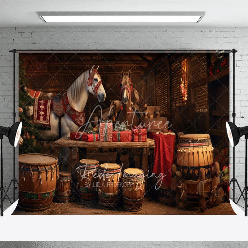 Aperturee - Aperturee Rustic Country Christmas Combo Set Backdrop Festive Horses in a Barn with Drums Holiday Stable Photo Floor