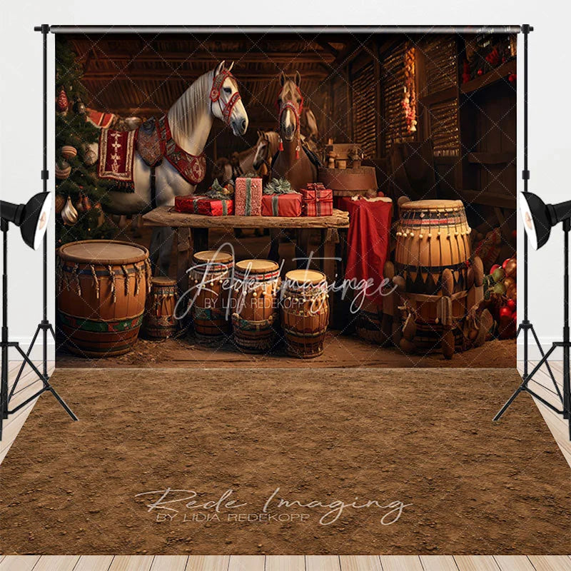 Aperturee - Aperturee Rustic Country Christmas Combo Set Backdrop Festive Horses in a Barn with Drums Holiday Stable Photo Floor