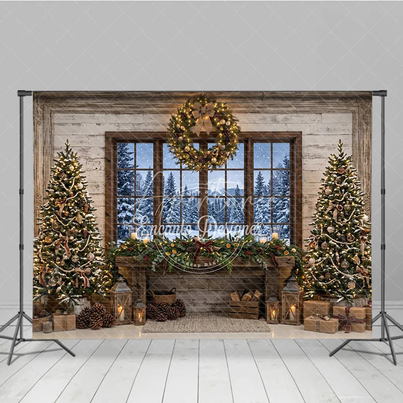 Aperturee - Aperturee Rustic Cozy Christmas Trees and Fireplace Mantel Holiday Backdrop with Snowy Window Winter Scene Photography Decor