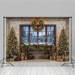 Aperturee - Aperturee Rustic Cozy Christmas Trees and Fireplace Mantel Holiday Backdrop with Snowy Window Winter Scene Photography Decor