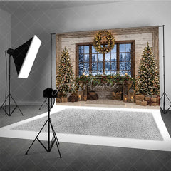 Aperturee - Aperturee Rustic Cozy Christmas Trees and Fireplace Mantel Holiday Backdrop with Snowy Window Winter Scene Photography Decor
