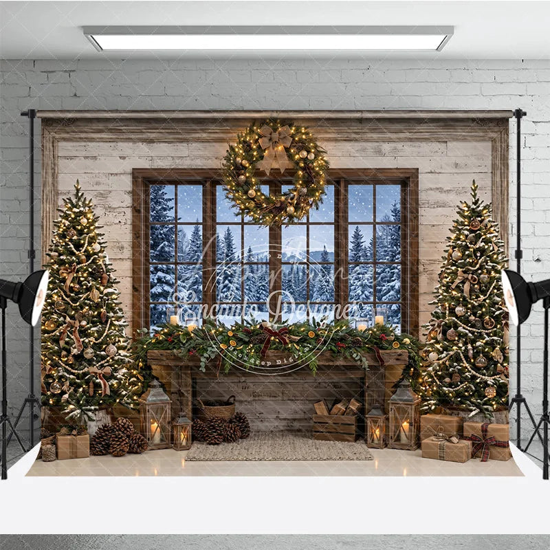 Aperturee - Aperturee Rustic Cozy Christmas Trees and Fireplace Mantel Holiday Backdrop with Snowy Window Winter Scene Photography Decor