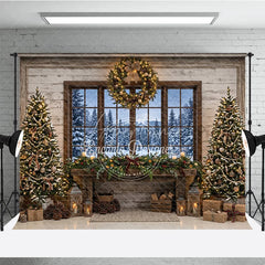 Aperturee - Aperturee Rustic Cozy Christmas Trees and Fireplace Mantel Holiday Backdrop with Snowy Window Winter Scene Photography Decor