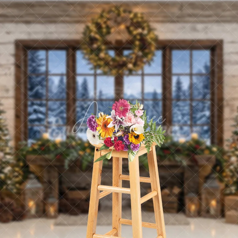 Aperturee - Aperturee Rustic Cozy Christmas Trees and Fireplace Mantel Holiday Backdrop with Snowy Window Winter Scene Photography Decor