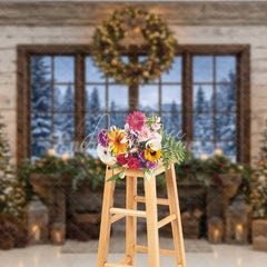 Aperturee - Aperturee Rustic Cozy Christmas Trees and Fireplace Mantel Holiday Backdrop with Snowy Window Winter Scene Photography Decor