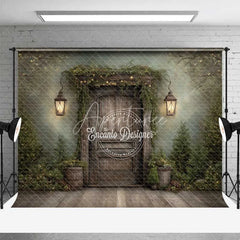 Aperturee - Aperturee Rustic Dark Wood Door Christmas Backdrop Hanging Lantern Forest Photography Background