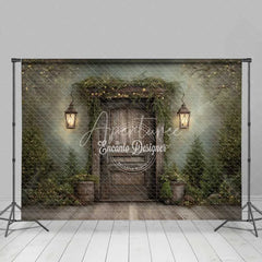 Aperturee - Aperturee Rustic Dark Wood Door Christmas Backdrop Hanging Lantern Forest Photography Background