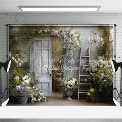 Aperturee - Aperturee Rustic Door Photography Backdrop White Flowers with Ladder and Chandelier Farmhouse Maternity Photo Background