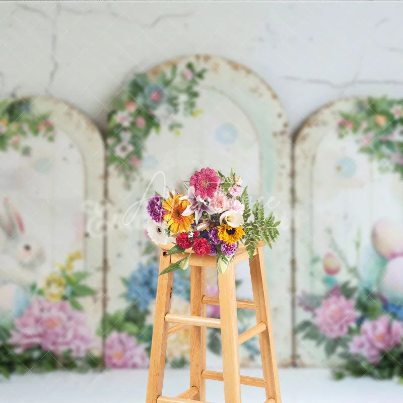 Aperturee - Aperturee Rustic Easter Bunny Arches Backdrop Blue Hydrangea and Peony Floral Spring Decoration
