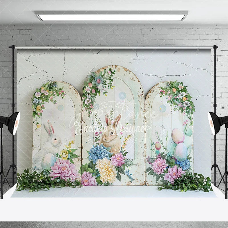 Aperturee - Aperturee Rustic Easter Bunny Arches Backdrop Blue Hydrangea and Peony Floral Spring Decoration