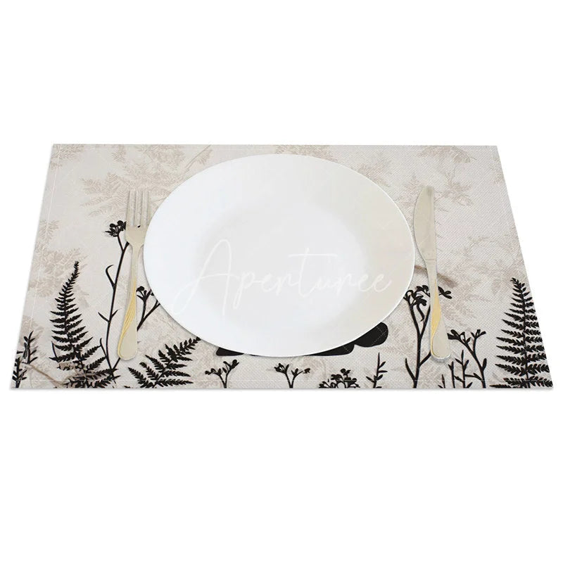 Aperturee - Aperturee Rustic Easter Bunny Set of 4 Placemats Black Silhouette Rabbit Grey Fern Table Mats for Spring