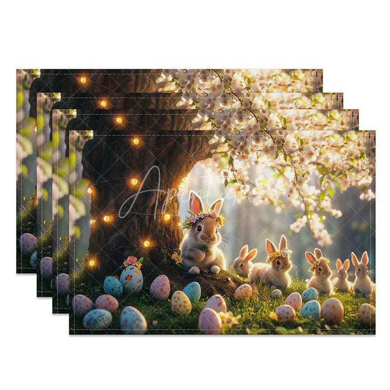 Aperturee - Aperturee Rustic Easter Bunny Set of 4 Placemats Rabbits by Tree Root Spring Garden Holiday Table Mats