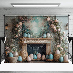 Aperturee - Aperturee Rustic Easter Fireplace Mantel Backdrop Floral Branch and Egg Spring Photography Background