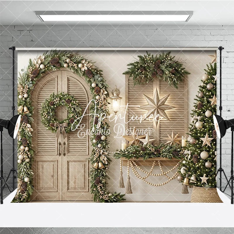 Aperturee - Aperturee Rustic Elegant Christmas Holiday Backdrop with Green Garland Wreath Pinecones and Lit Christmas Tree Decor