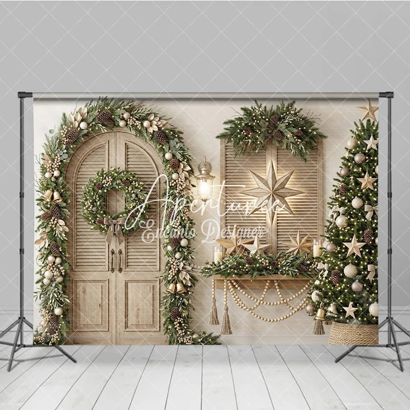 Aperturee - Aperturee Rustic Elegant Christmas Holiday Backdrop with Green Garland Wreath Pinecones and Lit Christmas Tree Decor