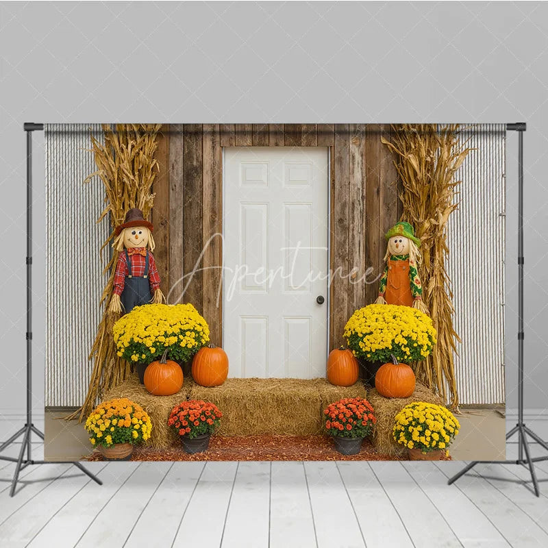 Aperturee - Aperturee Rustic Fall Front Porch Photography Backdrop Scarecrow and Pumpkins with Mums Autumn Harvest Farmhouse Decor