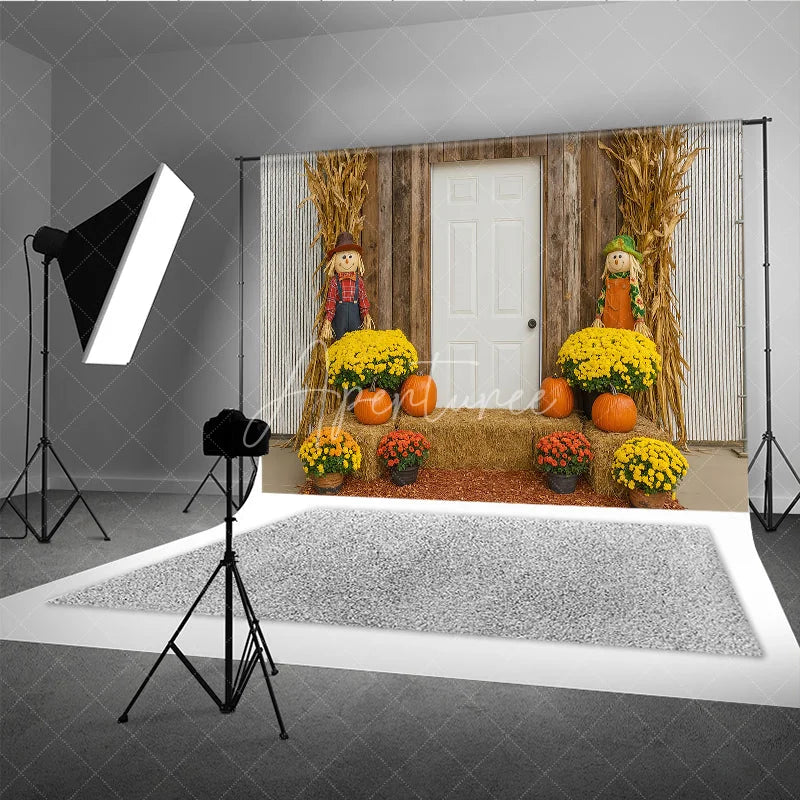 Aperturee - Aperturee Rustic Fall Front Porch Photography Backdrop Scarecrow and Pumpkins with Mums Autumn Harvest Farmhouse Decor