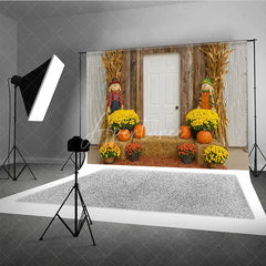 Aperturee - Aperturee Rustic Fall Front Porch Photography Backdrop Scarecrow and Pumpkins with Mums Autumn Harvest Farmhouse Decor