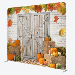 Aperturee - Aperturee Rustic Fall Harvest Tension Fabric Backdrop Autumn Pumpkin Patch with Barn Door Thanksgiving Photo Booth Decor