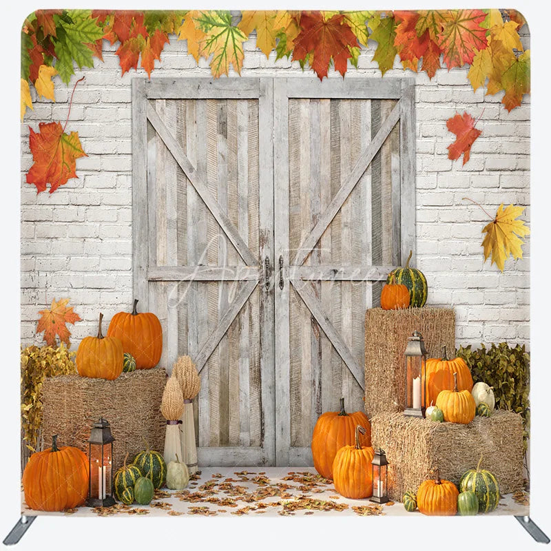 Aperturee - Aperturee Rustic Fall Harvest Tension Fabric Backdrop Autumn Pumpkin Patch with Barn Door Thanksgiving Photo Booth Decor