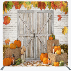 Aperturee - Aperturee Rustic Fall Harvest Tension Fabric Backdrop Autumn Pumpkin Patch with Barn Door Thanksgiving Photo Booth Decor