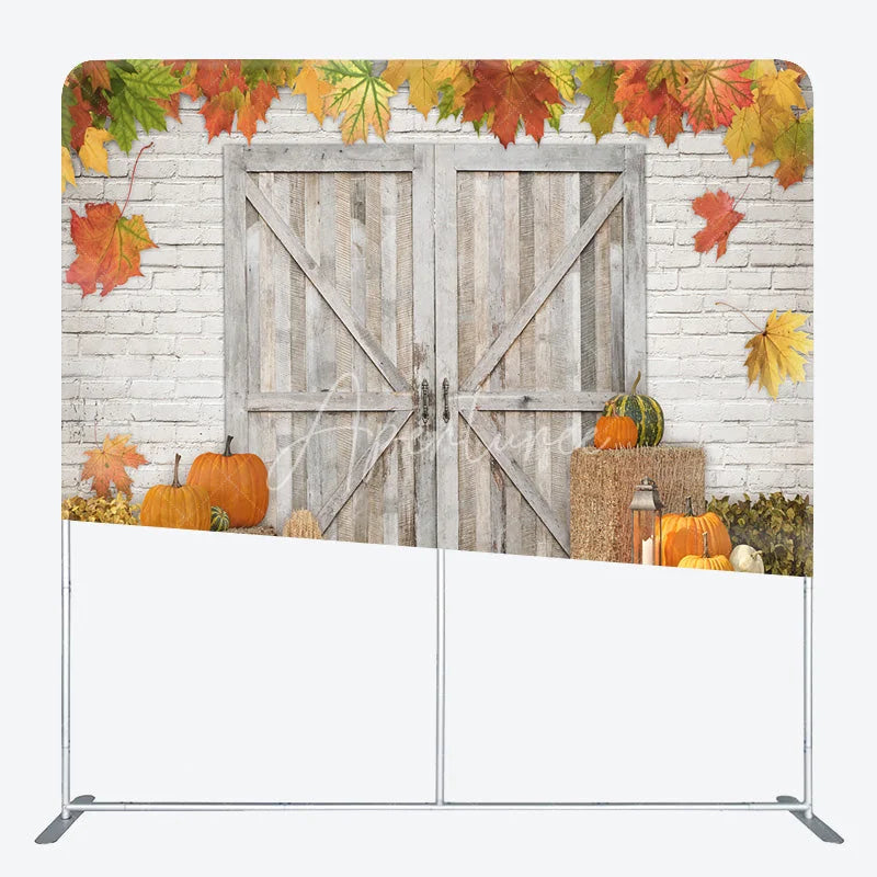 Aperturee - Aperturee Rustic Fall Harvest Tension Fabric Backdrop Autumn Pumpkin Patch with Barn Door Thanksgiving Photo Booth Decor