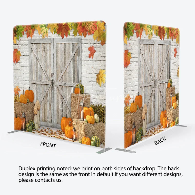 Aperturee - Aperturee Rustic Fall Harvest Tension Fabric Backdrop Autumn Pumpkin Patch with Barn Door Thanksgiving Photo Booth Decor