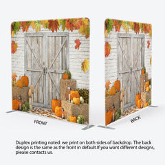 Aperturee - Aperturee Rustic Fall Harvest Tension Fabric Backdrop Autumn Pumpkin Patch with Barn Door Thanksgiving Photo Booth Decor