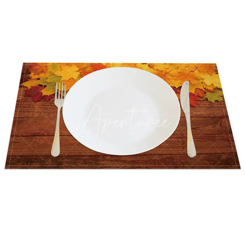 Aperturee - Aperturee Rustic Fall Maple Leaf on Brown Wood Texture Set of 4 Placemats for Thanksgiving and Autumn Farmhouse Decor