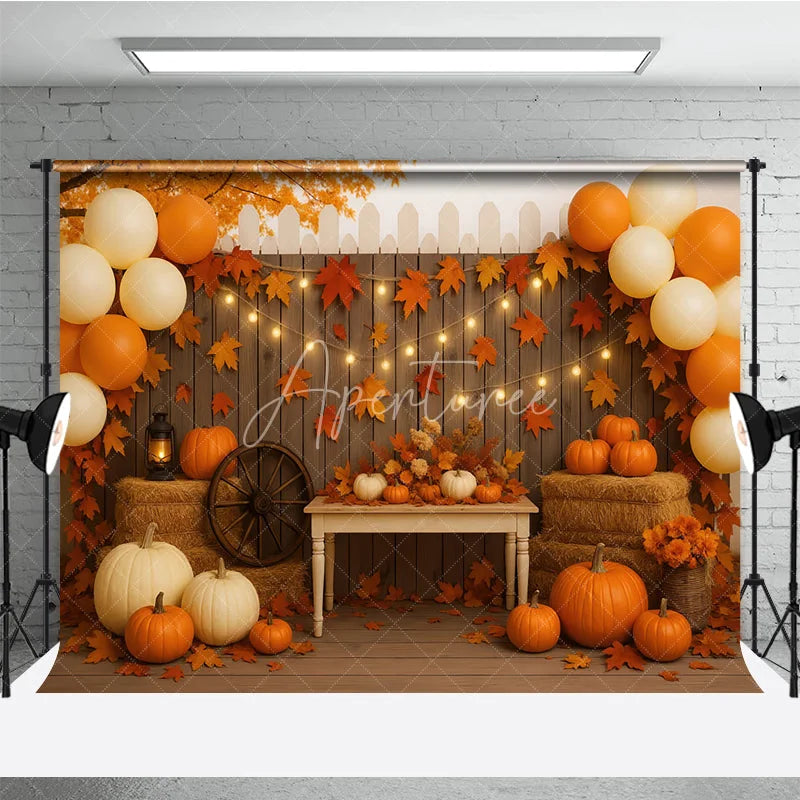 Aperturee - Aperturee Rustic Fall Porch Photography Backdrop with String Lights Pumpkins and Hay Bales Autumn Harvest Party Decor
