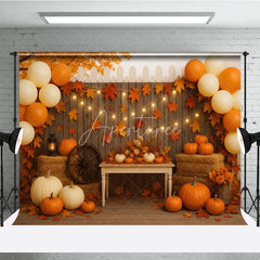 Aperturee - Aperturee Rustic Fall Porch Photography Backdrop with String Lights Pumpkins and Hay Bales Autumn Harvest Party Decor