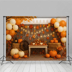 Aperturee - Aperturee Rustic Fall Porch Photography Backdrop with String Lights Pumpkins and Hay Bales Autumn Harvest Party Decor