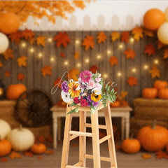 Aperturee - Aperturee Rustic Fall Porch Photography Backdrop with String Lights Pumpkins and Hay Bales Autumn Harvest Party Decor