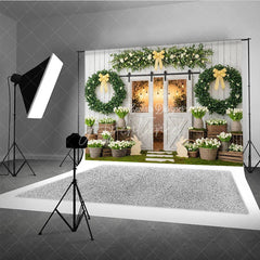 Aperturee - Aperturee Rustic Farmhouse Photography Backdrop with White Barn Doors Green Wreaths Spring Flowers and Easter Bunny Decor