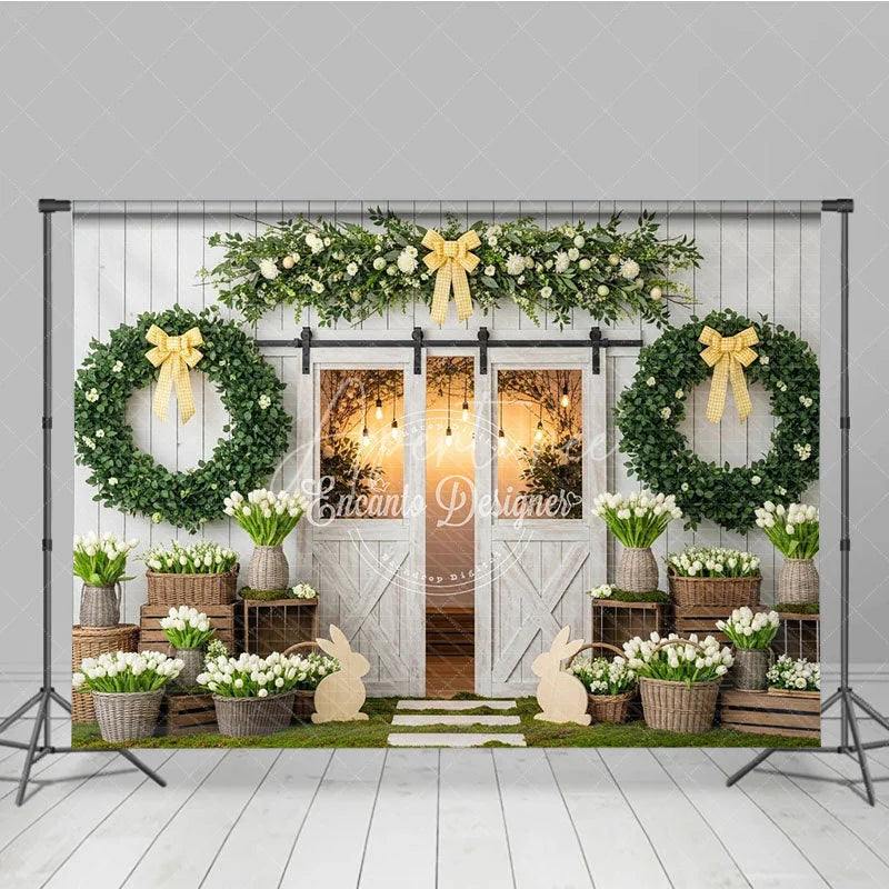 Aperturee - Aperturee Rustic Farmhouse Photography Backdrop with White Barn Doors Green Wreaths Spring Flowers and Easter Bunny Decor