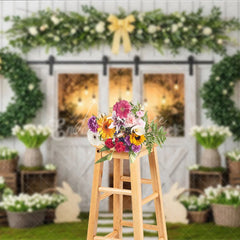 Aperturee - Aperturee Rustic Farmhouse Photography Backdrop with White Barn Doors Green Wreaths Spring Flowers and Easter Bunny Decor